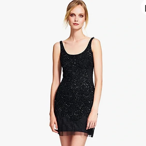 Adrianna Papell | Dresses | Adrianna Papell Black Embellished Mesh  Sleeveless Beaded Dress | Poshmark